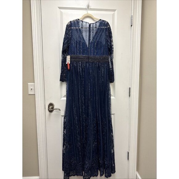 MAC DUGGAL Size 12 Navy 66591 Long Sleeve Floral Illusion Beaded Gown Dress $798 - Picture 10 of 16